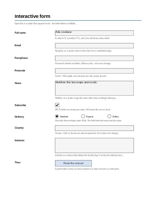 The first page of the Forms demo