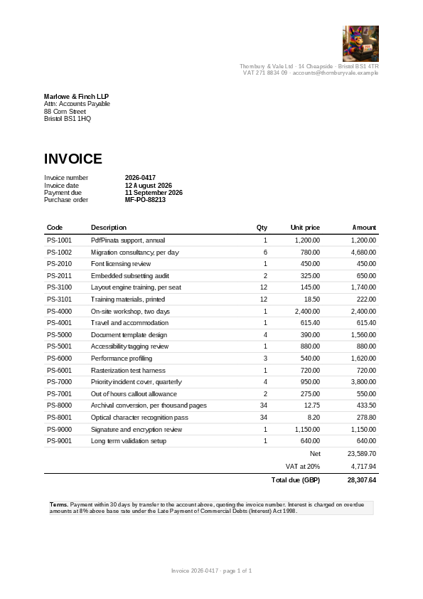 The first page of the Invoice demo